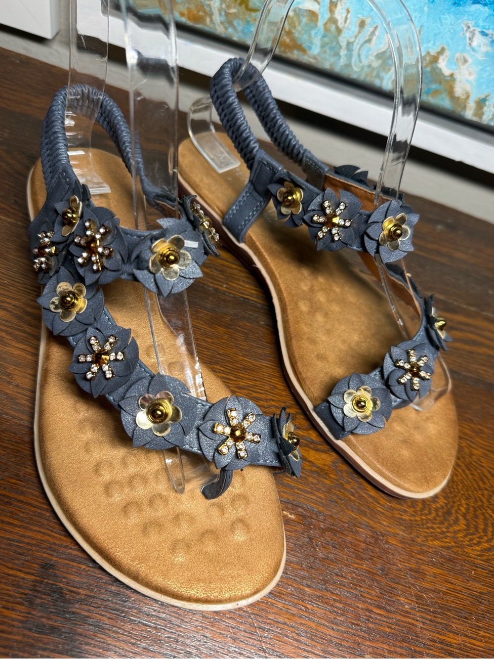 Patrizia by Spring Step navy slingback sandals floral beads Size US 6.5-7 EU 37
